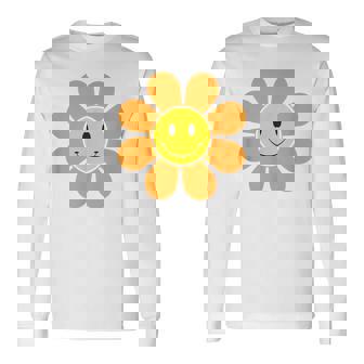 Fleur Orange Rétro Années 70 Avecisage Souriant Jaune T-shirt à manches longues - Cadeauxyz
