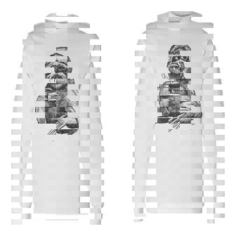 Lazy Sloth With Coffee Mug Cute Slothful Animal Sketch Premium Long Sleeve T-Shirt - Monsterry