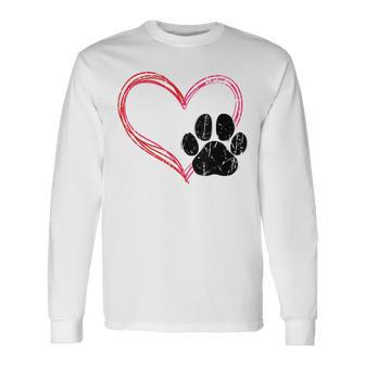 Love Heart Cat Dog Paw Print Pet For Valentine's Day Long Sleeve T-Shirt - Monsterry