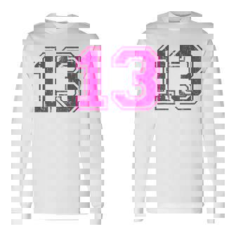 Number 13 Varsity Distressed Vintage Sport Team Player's Long Sleeve T-Shirt - Thegiftio