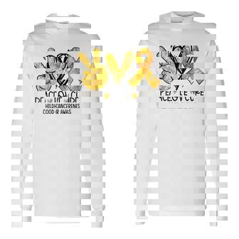 Peace Love Cure Gold Heart Ribbon Childhood Cancer Awareness Long Sleeve T-Shirt - Monsterry