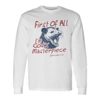 Raccoon First Of All I'm God's Masterpiece Saying Long Sleeve T-Shirt - Thegiftio UK