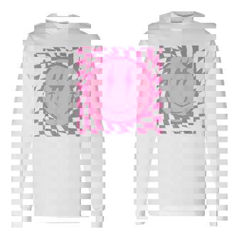 Retro Happy Smile Face Smiling Checkered Pattern Pink Trendy Long Sleeve T-Shirt | Seseable UK