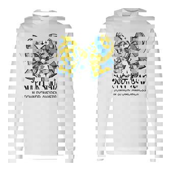 Support Squad Down Syndrome Awareness Coquette Bow Ribbon Long Sleeve T-Shirt - Seseable