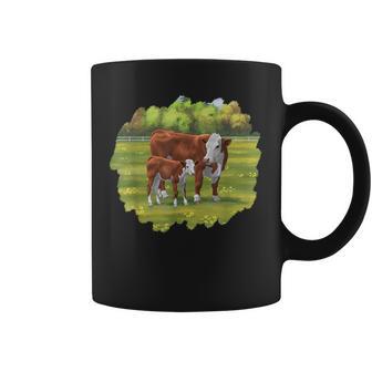 Brown Hereford Cow & Cute Calf Farm Animals Graphic Print Coffee Mug - Monsterry