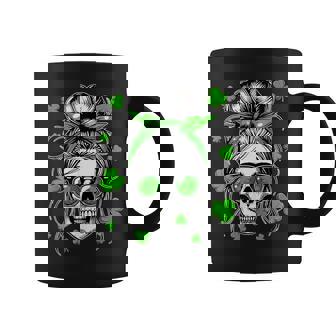 Skull Woman Messy Bun Hair Sunglasses Patrick's Day Clovers Coffee Mug - Monsterry