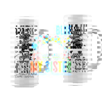 I Wear Blue For My Sister Autism Awareness Messy Bun Girl Coffee Mug - Seseable