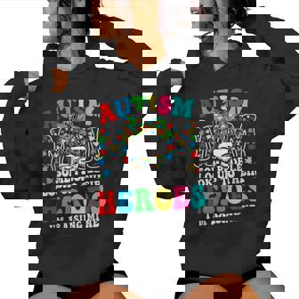 Autism Mom Raising Hero Groovy Messy Bun Autism Awareness Women Hoodie - Thegiftio UK