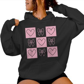 Retro Checkered Valentine Day Heart Coquette Bow Girls Women Hoodie - Thegiftio UK
