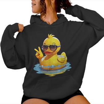 Retro Groovy Yellow Rubber Duck Peace Duck Lovers Women Hoodie - Thegiftio UK