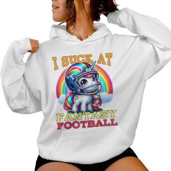 I Suck At Fantasy Football Unicorn Rainbow Loose Football Pink Kapuzenpullover für Damen - Geschenkecke