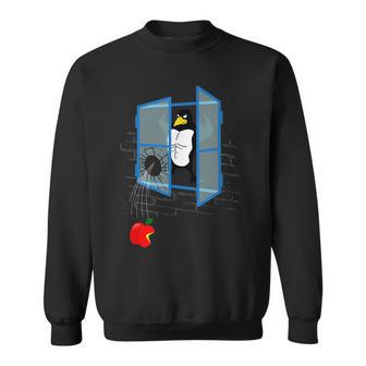 Brawny Linux Penguin Smashed Window With Bitten Apple Sweatshirt - Geschenkecke