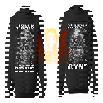 It's Past My Bedtime Tired Skeleton Fire Flames Meme Sweatshirt - Monsterry