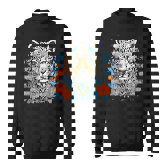 Motif Léopard Bohème Avec Fleurs Bleues Et Oranges Sweater e - Cadeauxyz