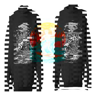 Skeleton Riding Wave Vintage Palm s Tree Beach Halloween Sweatshirt - Monsterry