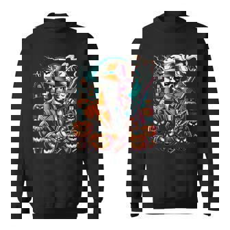Smokin' Skeleton Guns And Ghouls Halloween Adults Costume Tank Top Sweatshirt - Monsterry