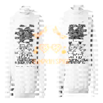 Little Miss Pumpkin Spice Messy Bun Thanksgiving Halloween Sweatshirt - Monsterry