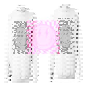 Retro Happy Smile Face Smiling Checkered Pattern Pink Trendy Sweatshirt - Seseable