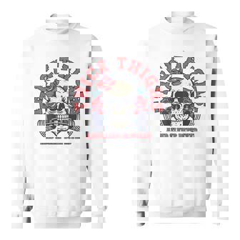 Thick Thighs And Sleep Deprived Skull Gymer On Back Sweatshirt - Monsterry