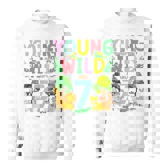 Young Wild And 7 Birthday Safari Zoo Animal 7th Birthday Sweatshirt - Monsterry