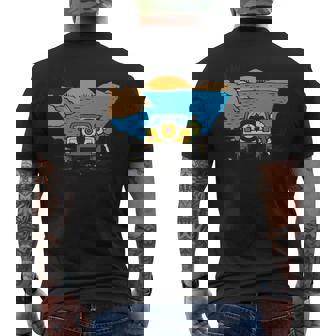 4 Wheel Drive Vehicle Mountains Lake Or Ocean Illustration Premium Men's Back Print T-Shirt - Monsterry