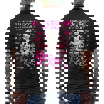 Breast Cancer In October We Wear Pink Cute Ghost Lunch Lady Men's Back Print T-Shirt - Monsterry