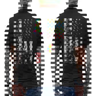 Distressed American Flag Autism Papa Bear Awareness Men's T-shirt Back Print - Seseable