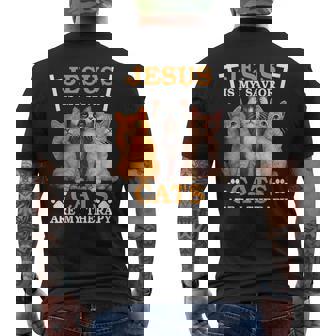 Jesus Is My Savior Cats Are My Therapy Men's Back Print T-Shirt - Monsterry