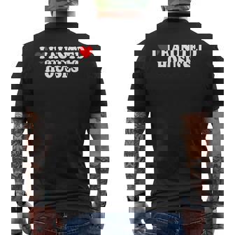 I Love Heart Haunted Houses Minimalist Halloween Scary Movie Men's Back Print T-Shirt - Monsterry