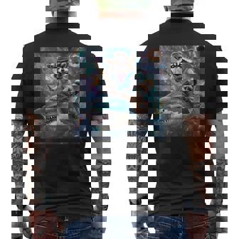 Raccoon Riding Shark Rainbow Galaxy Raccoon And Shark Meme Men's Back Print T-Shirt - Monsterry
