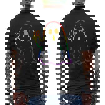 Rainbow LGBT Ghost Peace Sign Gay Pride Halloween Costume Men's Back Print T-Shirt - Monsterry
