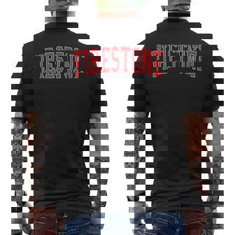 Vintage Firestone CO Distressed Red Varsity Style Men's Back Print T-Shirt - Monsterry
