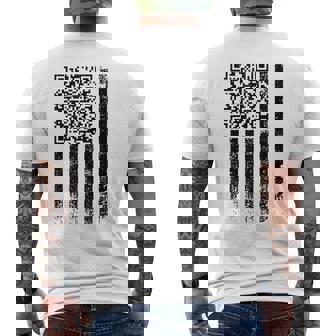 He's Back Trump Scan Code Qr Distressed American Flag Men's T-shirt Back Print | Mazezy