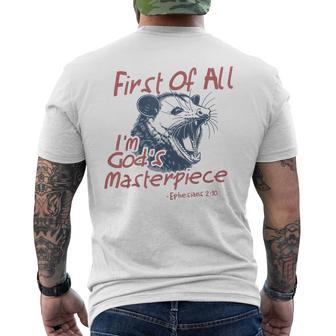 Raccoon First Of All I'm God's Masterpiece Saying Men's T-shirt Back Print - Thegiftio UK