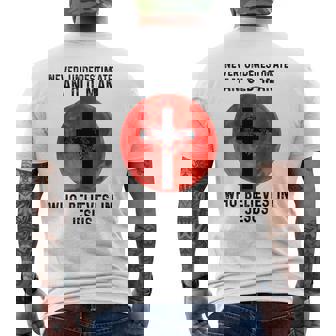 NEVER UNDERESTIMATE AN OLD MAN WHO BELIEVES IN JESUS Men's Back Print T-Shirt - Monsterry