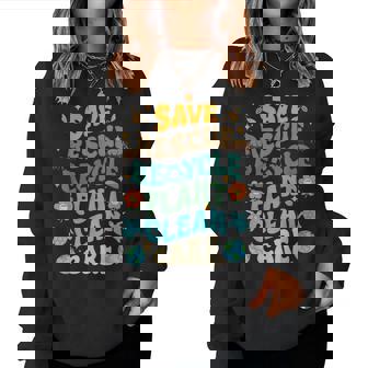 Fun Earth Day Save Rescue Recycle Plant Clean Care Earth Day Women Sweatshirt | Mazezy