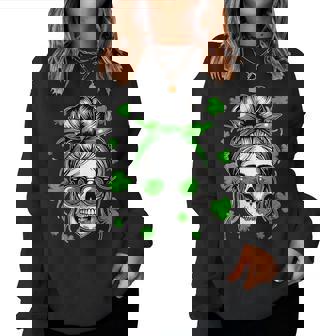 Skull Woman Messy Bun Hair Sunglasses Patrick's Day Clovers Women Sweatshirt - Monsterry