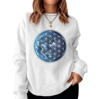 Flower Of Life With Earth Sacred Geometry Yoga Blue Sweatshirt Frauen - Geschenkecke