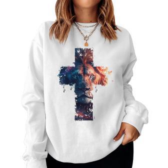 Lion Of Judah Cross Jesus Christ Christian Faith Graphic Blue Sweatshirt Frauen - Geschenkecke