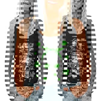 Skull Woman Messy Bun Hair Sunglasses Patrick's Day Clovers Women Tank Top - Monsterry