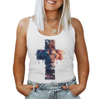 Lion Of Judah Cross Jesus Christ Christian Faith Graphic Blue Tank Top Frauen - Geschenkecke