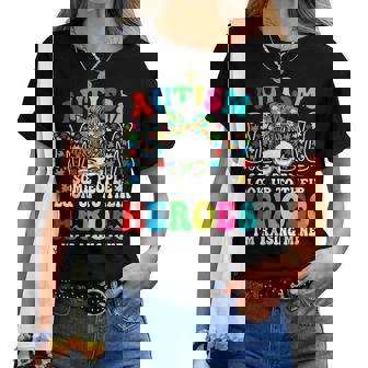 Autism Mom Raising Hero Groovy Messy Bun Autism Awareness Women T-shirt - Thegiftio