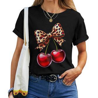Coquette Cherry Leopard Ribbon Bow Girls Women T-shirt - Thegiftio UK