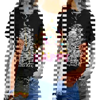 Happy Mother's Day Skeleton Messy Bun Floral Tie Dye Glasses Women T-shirt | Mazezy