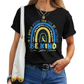 Be Kind Rainbow Down Syndrome Awareness Teacher Blue Yellow Women T-shirt - Thegiftio UK