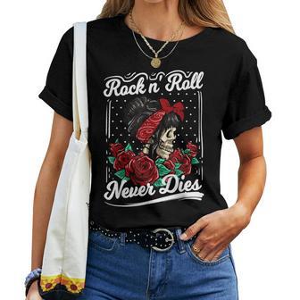 Rock N Roll Never Dies Rockabilly Girl Skull Tattoo Pin-Up T-shirt Frauen - Geschenkecke