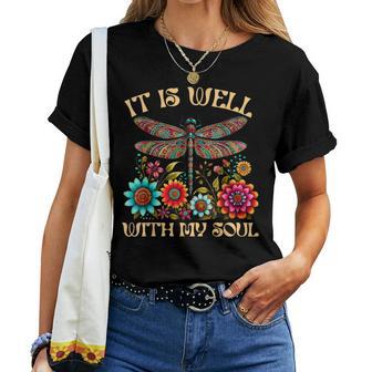 It Is Well With My Soul Dragonfly Floral Boho Christian God Women T-shirt - Thegiftio UK