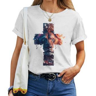 Lion Of Judah Cross Jesus Christ Christian Faith Graphic Blue T-shirt Frauen - Geschenkecke