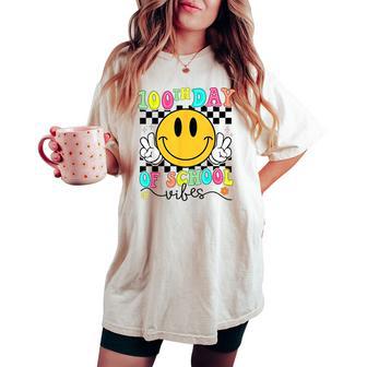100Th Day Of School Vibes Cute Smile Face 100 Days Groovy Women's Oversized Comfort T-shirt - Thegiftio UK
