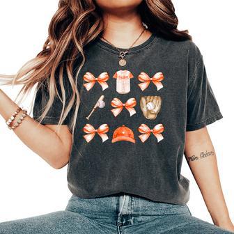 Baseball Game Day Orange Coquette Bow Baseball Mom Retro Women's Oversized Comfort T-Shirt - Thegiftio UK